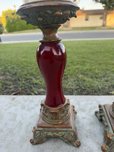 Load image into Gallery viewer, Vintage Burgundy Resin Ornate Taper Pillar Candle Holders Gold Trim Pair
