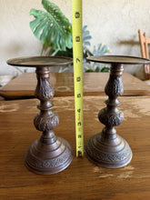 将图片加载到图库查看器，Vintage Red Bronze Taper Candle Holders Floral Engraved India Pair MCM
