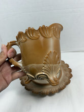 将图片加载到图库查看器，Antique Greentown Chocolate Slag Glass Bracket Creamer &amp; Saucer Set
