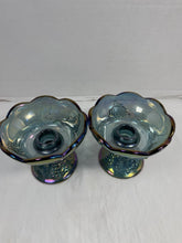 Load image into Gallery viewer, Vintage Indiana Glass Blue Carnival Glass Harvest Grape Candlestick Holders Pair
