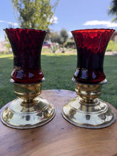 Load image into Gallery viewer, Vintage Brass Candlestick Holders Homco Ruby Red Glass Peg Votives Pair

