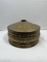 将图片加载到图库查看器，Vintage Hammered Brass Copper Band Blue Jewel Round Trinket Box India Handmade

