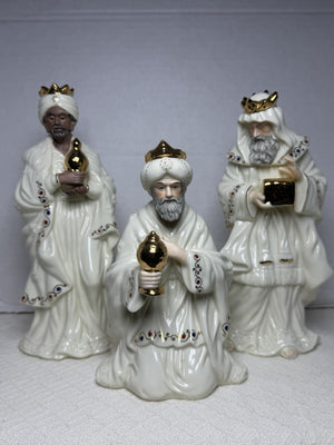 Rare Vintage Bon-Ton Jade Porcelain Three Wise Men Nativity Figurine Set Gold