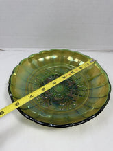 Load image into Gallery viewer, Vintage Green Carnival Glass Ruffled Serving Bowl Footed Iridescent
