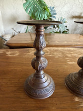 将图片加载到图库查看器，Vintage Red Bronze Taper Candle Holders Floral Engraved India Pair MCM
