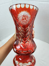 Load image into Gallery viewer, Vintage Bohemian Ruby Red Cut-to-Clear Crystal Starburst Floral Vase Czech
