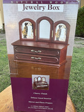 Load image into Gallery viewer, Vintage Wooden Jewelry Box Trifold Mirror Photo Frames Velvet Lined New
