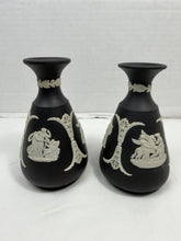 Load image into Gallery viewer, Vintage Pair Wedgwood Black Jasperware Neoclassical Cameo Bud Vases England
