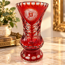 Load image into Gallery viewer, Vintage Bohemian Ruby Red Cut-to-Clear Crystal Starburst Floral Vase Czech
