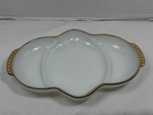 Load image into Gallery viewer, Vintage Fire-King Oven Ware White Milk Glass Divided Dish Gold Bead Trim Tray
