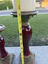 Load image into Gallery viewer, Vintage Burgundy Resin Ornate Taper Pillar Candle Holders Gold Trim Pair
