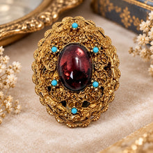 将图片加载到图库查看器，Vintage 1930s Czech Amethyst Glass &amp; Turquoise Gold Filigree Dome Brooch
