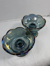 Load image into Gallery viewer, Vintage Indiana Glass Blue Carnival Glass Harvest Grape Candlestick Holders Pair
