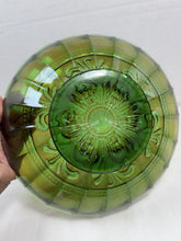 Load image into Gallery viewer, Vintage Green Carnival Glass Ruffled Serving Bowl Footed Iridescent
