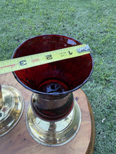 Load image into Gallery viewer, Vintage Brass Candlestick Holders Homco Ruby Red Glass Peg Votives Pair

