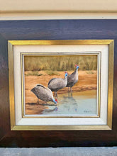 Load image into Gallery viewer, Vintage Thomas Hacking Original Oil Painting of Guineafowl at Watering Hole – Framed Wildlife Art
