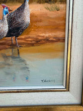 Load image into Gallery viewer, Vintage Thomas Hacking Original Oil Painting of Guineafowl at Watering Hole – Framed Wildlife Art
