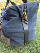 Load image into Gallery viewer, J.Crew Sporting Goods Blue Waxed Canvas Duffle Bag Weekender Travel Luggage
