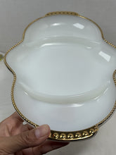Load image into Gallery viewer, Vintage Fire-King Oven Ware White Milk Glass Divided Dish Gold Bead Trim Tray
