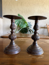 将图片加载到图库查看器，Vintage Red Bronze Taper Candle Holders Floral Engraved India Pair MCM
