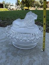 Load image into Gallery viewer, Antique Imperial Glass Satin Frosted Lion Covered Candy Dish Lattice Edge Bowl
