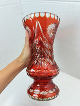 Load image into Gallery viewer, Vintage Bohemian Ruby Red Cut-to-Clear Crystal Starburst Floral Vase Czech
