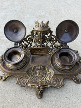 Load image into Gallery viewer, Vintage Ornate Brass Double Inkwell Stand India Writing Desk Pen Accessory
