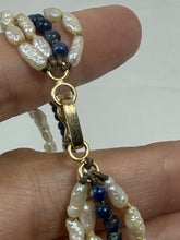 Charger l'image dans la galerie, Vintage 14K Gold Multi-Strand Freshwater Rice Pearl &amp; Lapis Lazuli Necklace
