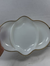 Load image into Gallery viewer, Vintage Fire-King Oven Ware White Milk Glass Divided Dish Gold Bead Trim Tray
