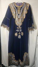 Load image into Gallery viewer, Royal Blue Velvet Kaftan Gold Silver Embroidered Formal Traditional Robe Gown
