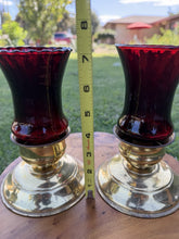 Load image into Gallery viewer, Vintage Brass Candlestick Holders Homco Ruby Red Glass Peg Votives Pair
