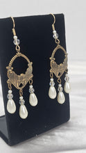 Load image into Gallery viewer, Vintage Art Nouveau Style Gold-Tone Chandelier Earrings with Faux Pearl &amp; Crystal Drops

