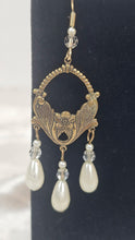 Load image into Gallery viewer, Vintage Art Nouveau Style Gold-Tone Chandelier Earrings with Faux Pearl &amp; Crystal Drops
