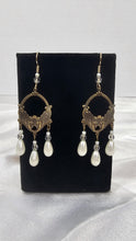 Load image into Gallery viewer, Vintage Art Nouveau Style Gold-Tone Chandelier Earrings with Faux Pearl &amp; Crystal Drops
