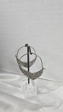 Load image into Gallery viewer, Vintage Filigree Crescent Hoop Earrings in Antiqued Silver Tone
