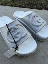 Load image into Gallery viewer, GUCCI Miami Metallic Glitter Interlocking G Platform Slide Sandals Gray Rubber
