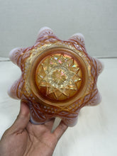गैलरी व्यूवर में इमेज लोड करें, Antique Dugan Ski Star Peach Opalescent Carnival Glass Ruffled Bowl 1910
