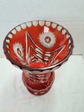 Load image into Gallery viewer, Vintage Bohemian Ruby Red Cut-to-Clear Crystal Starburst Floral Vase Czech
