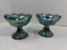 Load image into Gallery viewer, Vintage Indiana Glass Blue Carnival Glass Harvest Grape Candlestick Holders Pair
