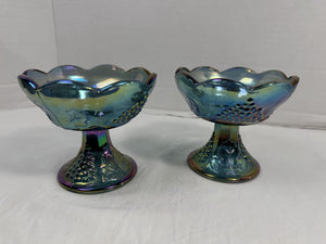 Vintage Indiana Glass Blue Carnival Glass Harvest Grape Candlestick Holders Pair