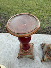 Load image into Gallery viewer, Vintage Burgundy Resin Ornate Taper Pillar Candle Holders Gold Trim Pair
