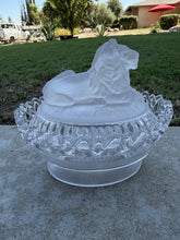 Load image into Gallery viewer, Antique Imperial Glass Satin Frosted Lion Covered Candy Dish Lattice Edge Bowl
