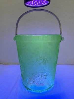 Antique Fostoria Green Depression Glass Ice Bucket - Oak Leaf Vaseline Glass