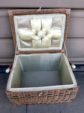 Load image into Gallery viewer, Vintage Wicker Sewing Basket with Floral Tapestry Cushion Lid &amp; Handle
