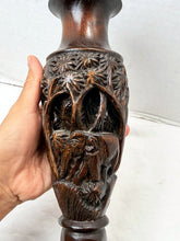 गैलरी व्यूवर में इमेज लोड करें, Vintage Handcrafted Dark Wood Open-Work Safari Elephant Palm Tree Vase
