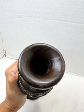 गैलरी व्यूवर में इमेज लोड करें, Vintage Handcrafted Dark Wood Open-Work Safari Elephant Palm Tree Vase
