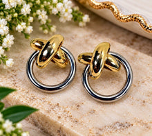 Load image into Gallery viewer, Vintage 1990s Two-Tone Gold Silver Fixed X Doorknocker Stud Dangle Earrings
