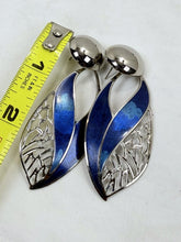 Load image into Gallery viewer, Vintage Edgar Berebi Blue Enamel Silver Tone Leaf Cut-Out Drop Earrings
