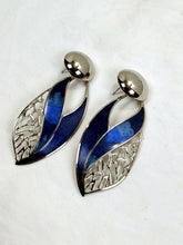 Load image into Gallery viewer, Vintage Edgar Berebi Blue Enamel Silver Tone Leaf Cut-Out Drop Earrings
