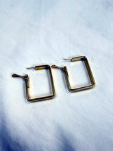 Load image into Gallery viewer, Vintage Monet Gold Geometric Rectangle Hinged Hoop Earrings Made in USA
